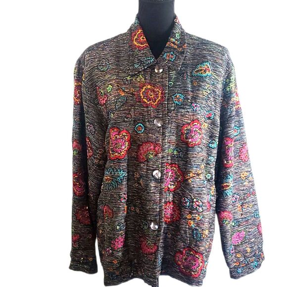 Chicos Design Multicolor Floral Silk Blend Embroidered Beaded Jacket Size 3 - Picture 1 of 7